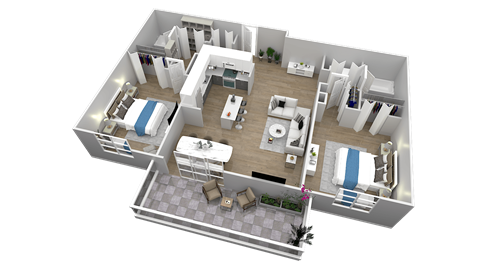 Floor plan for 2 beds, 2 baths, 985 sqft